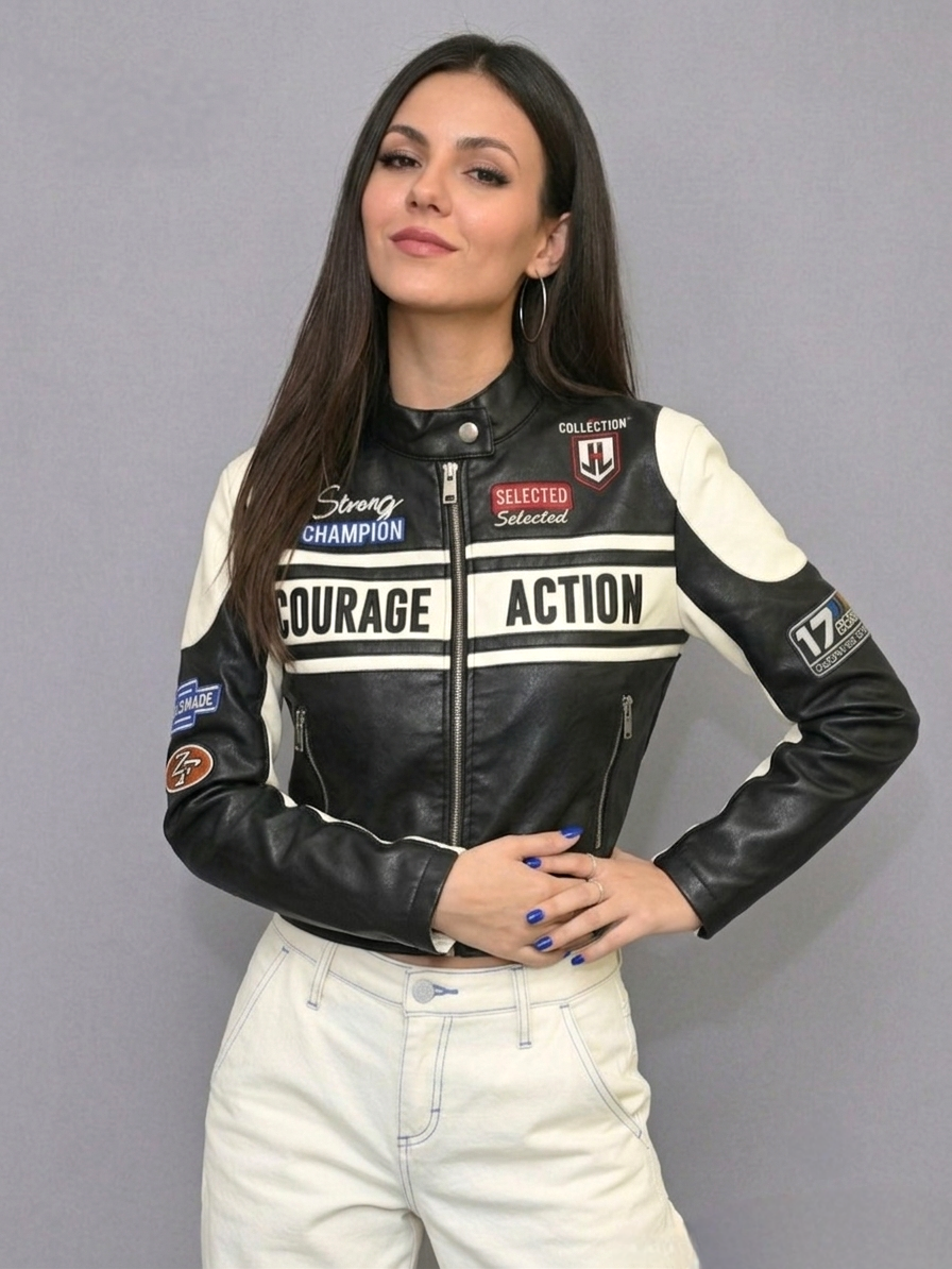CASACA MUJER CROP ESTILO RACING NEGRO