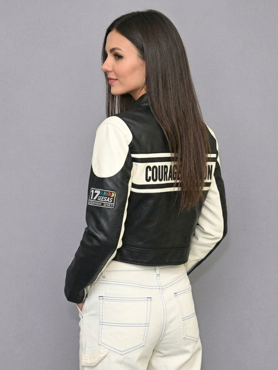 CASACA MUJER CROP ESTILO RACING NEGRO