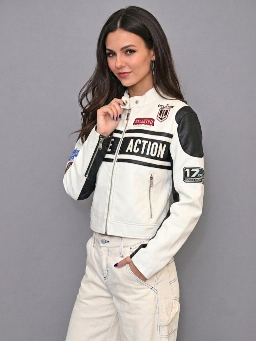 CASACA MUJER CROP ESTILO RACING BLANCO