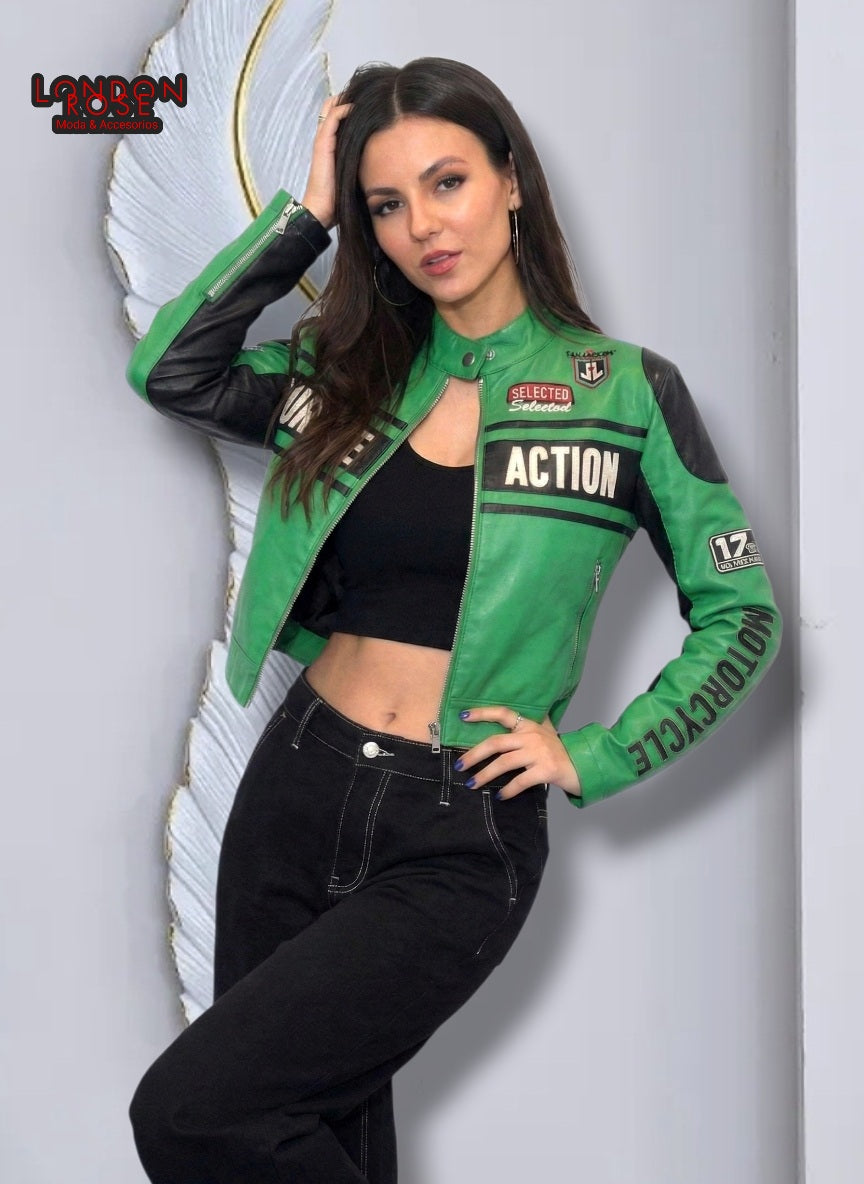CASACA MUJER CROP ESTILO RACING VERDE
