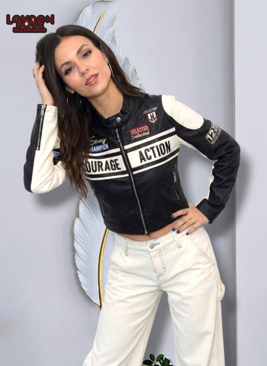 CASACA MUJER CROP ESTILO RACING NEGRO