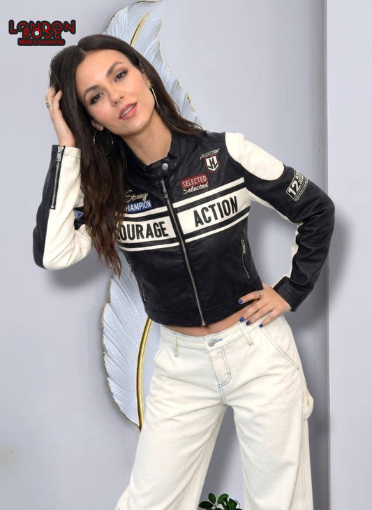 CASACA MUJER CROP ESTILO RACING NEGRO