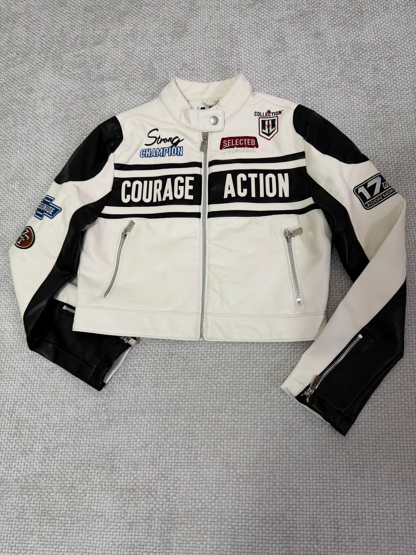 CASACA MUJER CROP ESTILO RACING BLANCO