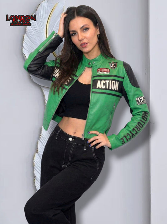 CASACA MUJER CROP ESTILO RACING VERDE