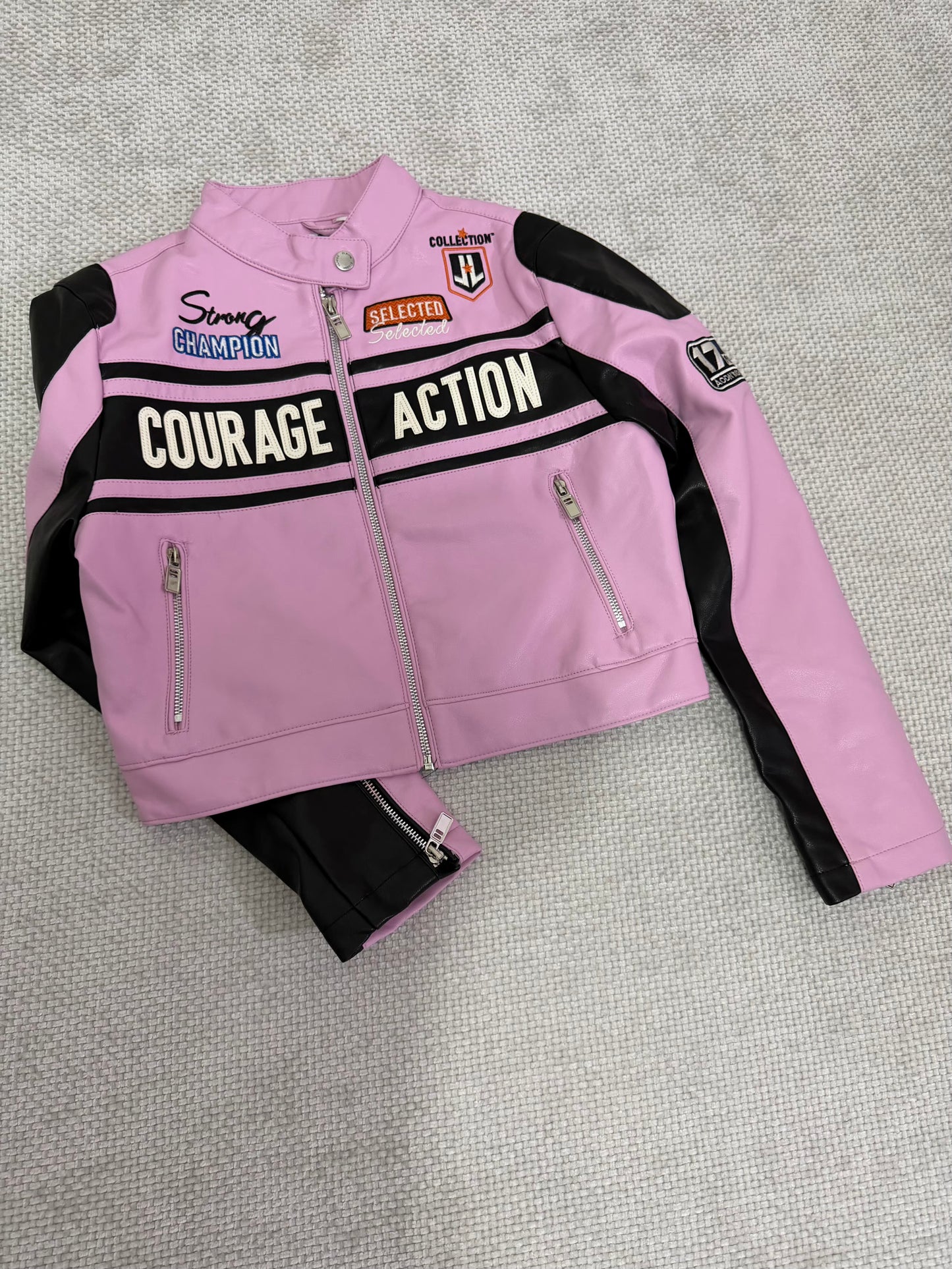 CASACA MUJER CROP ESTILO RACING ROSADO
